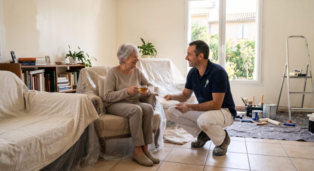 Peintre échangeant avec une personne assise dans un salon aux meubles protégés