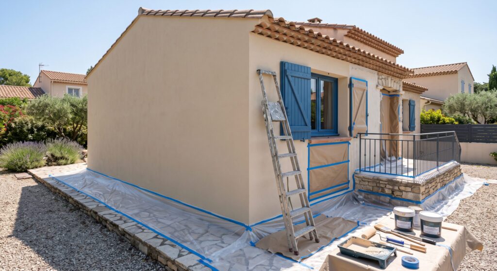Façade beige avec volets bleus, fenêtres protégées et matériel de peinture
