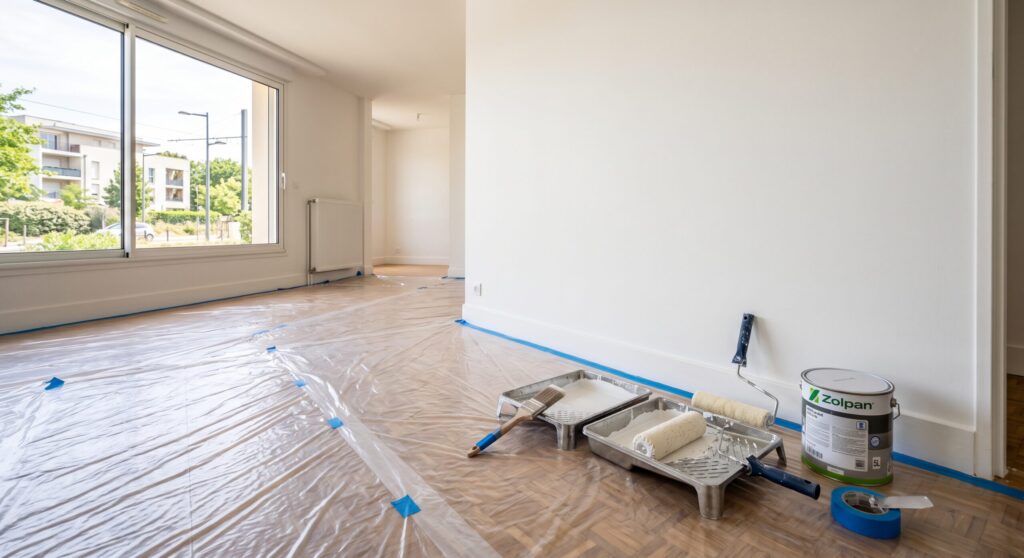 Pièce aux murs blancs avec parquet protégé, bacs et rouleaux de peinture