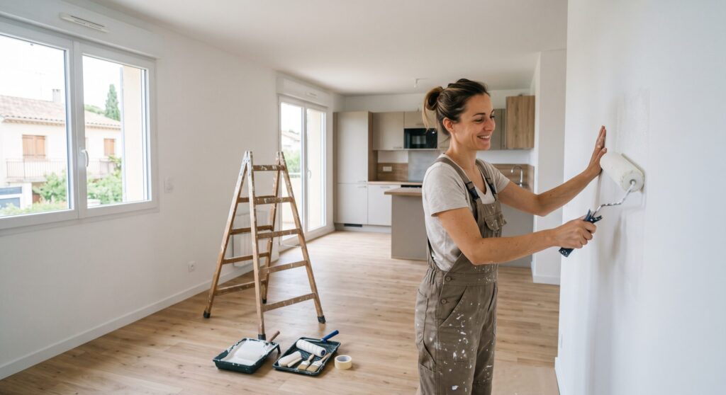 Personne peignant un mur au rouleau dans un appartement avec cuisine ouverte