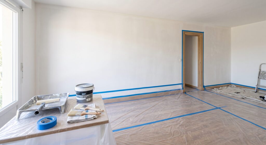 Pièce en préparation de peinture avec sol protégé, bac et pinceaux
