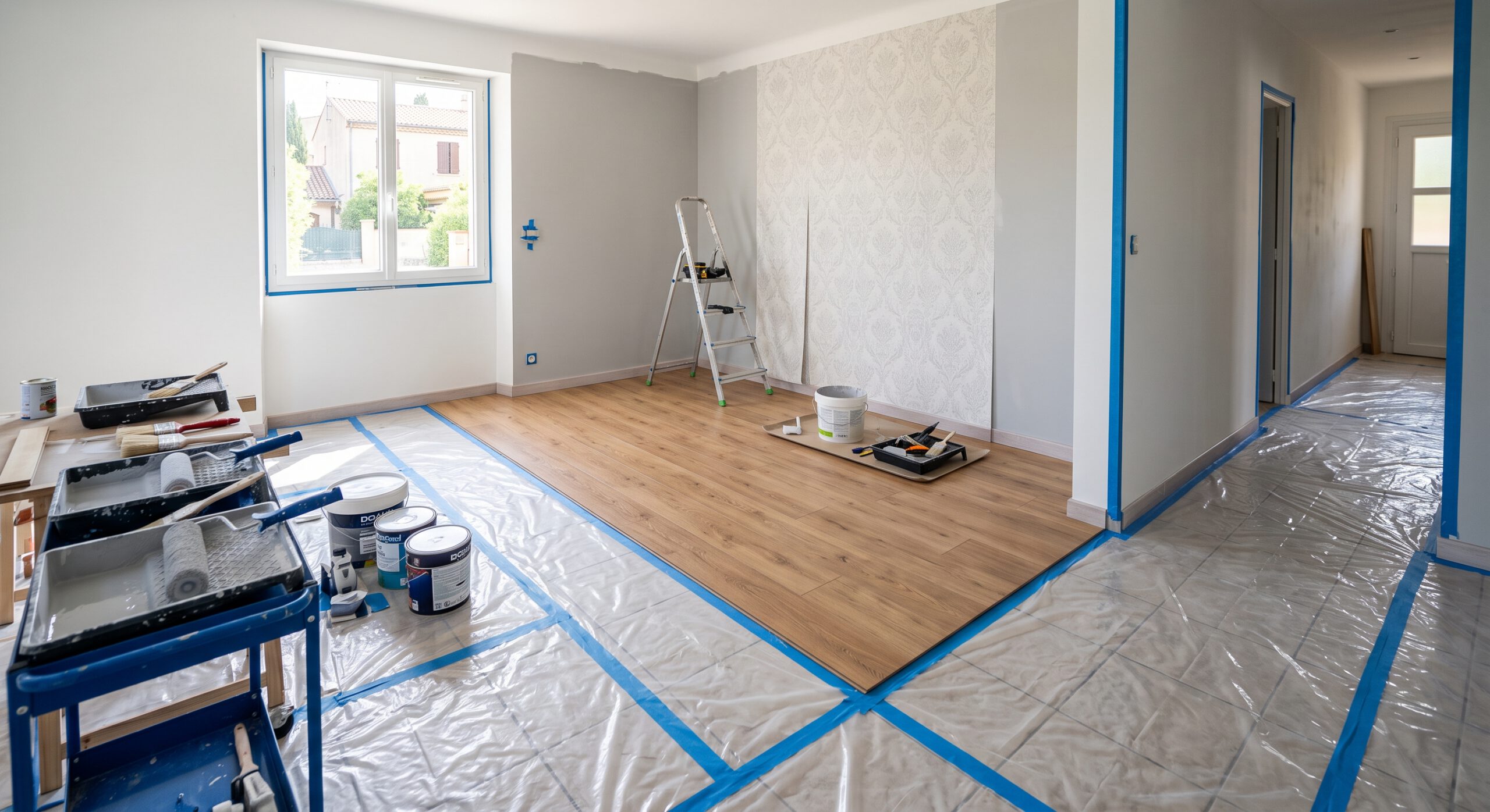 Pièce en rénovation avec parquet, papier peint à motifs et matériel de peinture