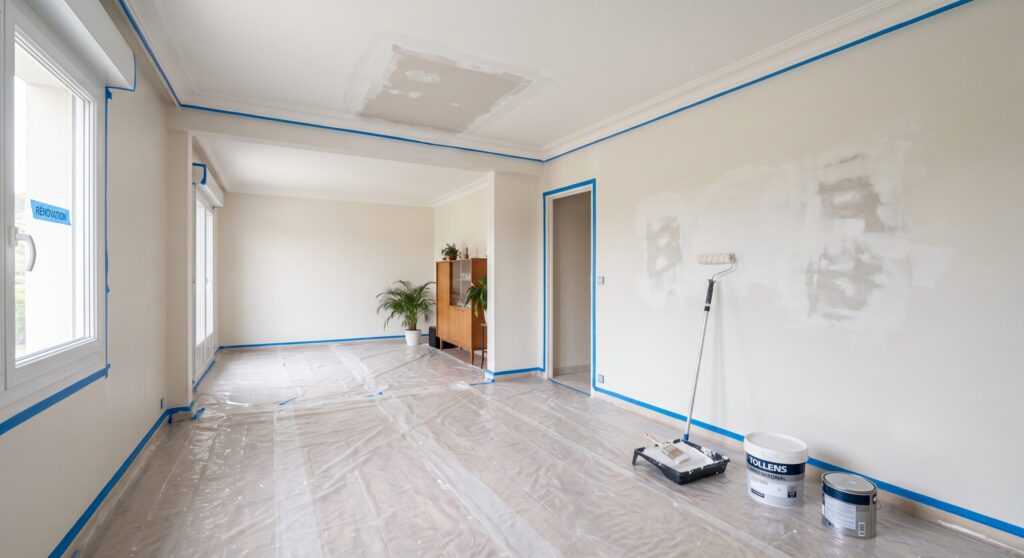 Reprises d’enduit sur les murs et le plafond d’une pièce au sol protégé