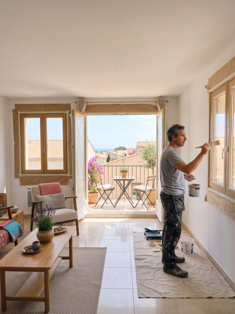 Artisan peignant l’encadrement d’une fenêtre dans un séjour