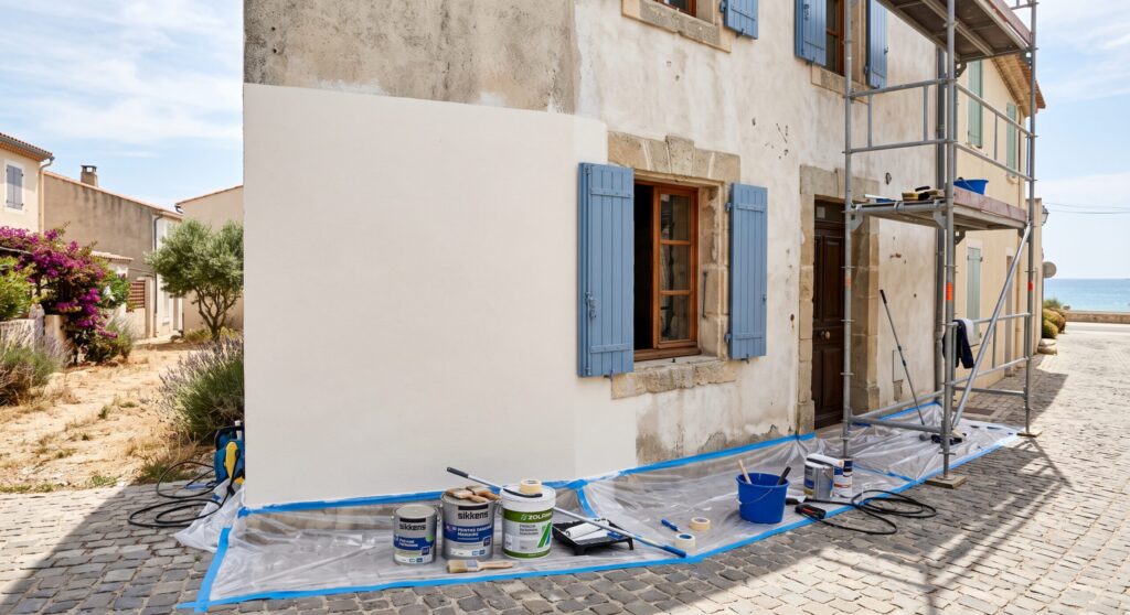 Façade aux volets bleus en cours de peinture avec échafaudage