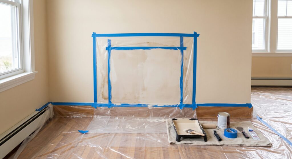 Mur avec zone de préparation délimitée par de l’adhésif et matériel de peinture