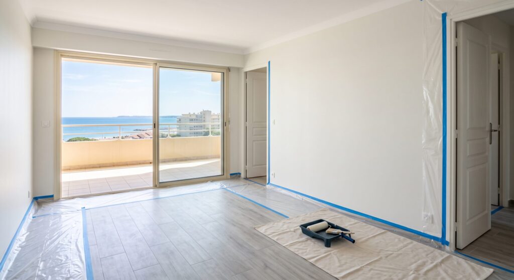 Pièce vide avec baie vitrée donnant sur la mer et sols protégés pour la peinture