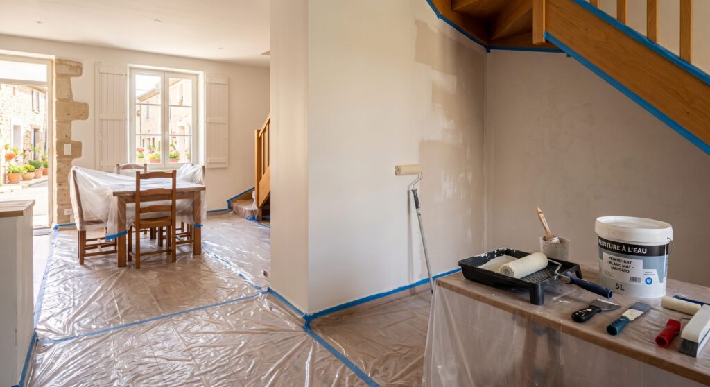 Pièce avec escalier en bois et meubles protégés pendant les travaux de peinture