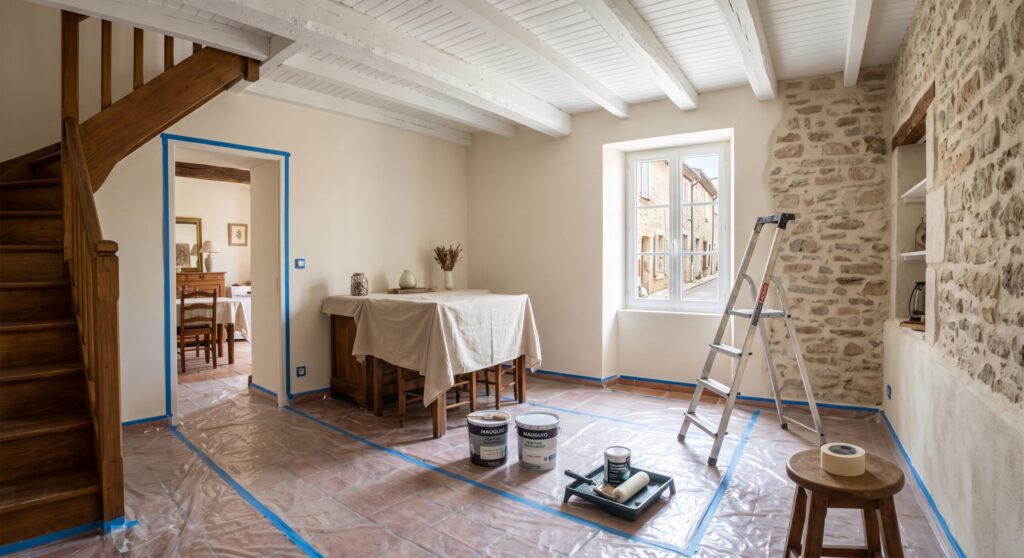 Pièce avec escalier en bois, mur en pierre et protections pour les travaux de peinture