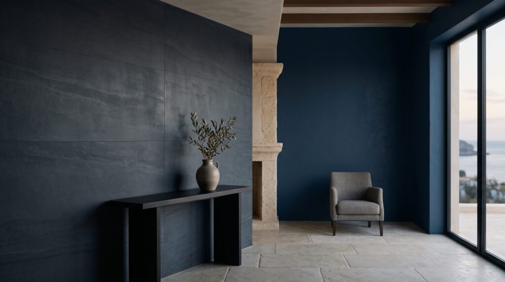 Pièce aux murs bleus avec colonne en pierre, fauteuil et grande baie vitrée