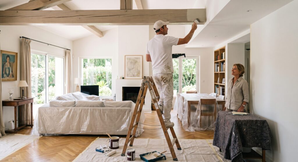 Artisan sur un escabeau peignant une poutre dans un séjour aux meubles protégés