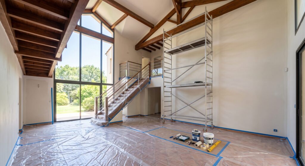 Échafaudage dans une pièce à grande hauteur avec poutres apparentes et protections pour la peinture