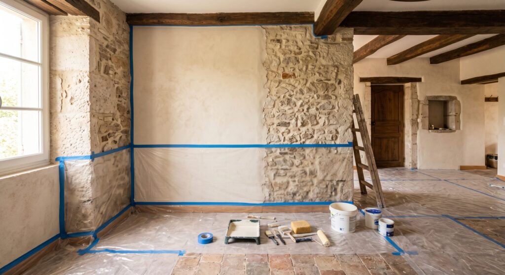 Pièce aux murs en pierre et poutres apparentes préparée pour les travaux de peinture