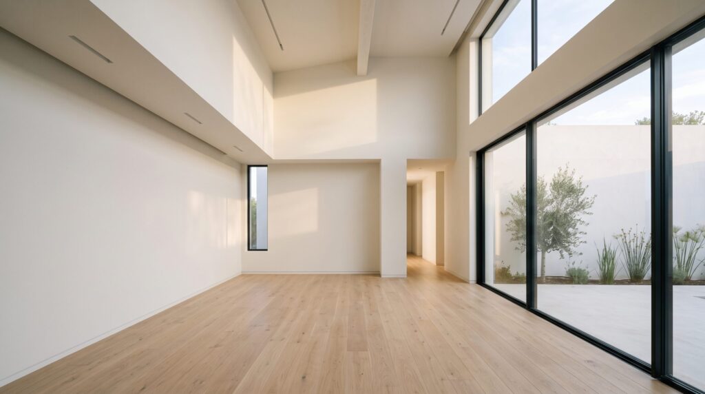 Pièce vide à double hauteur avec parquet et grandes baies vitrées