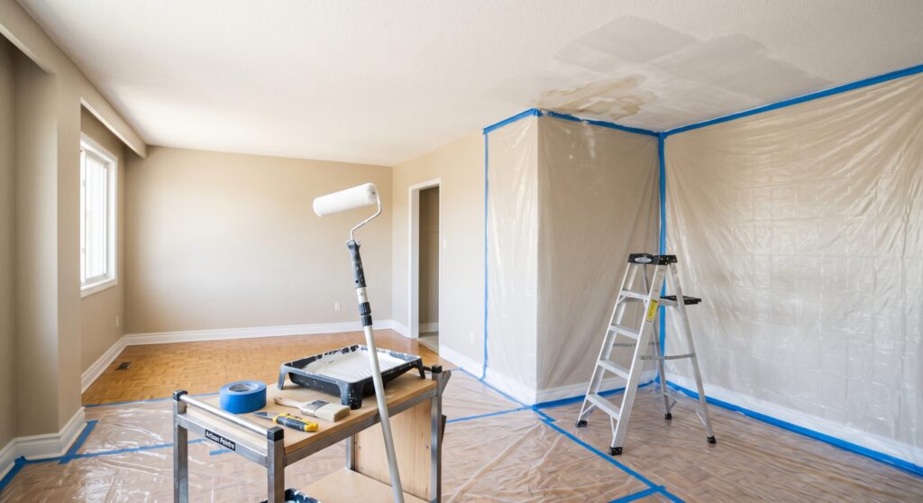 Plafond taché avec escabeau, protections et matériel de peinture dans la pièce