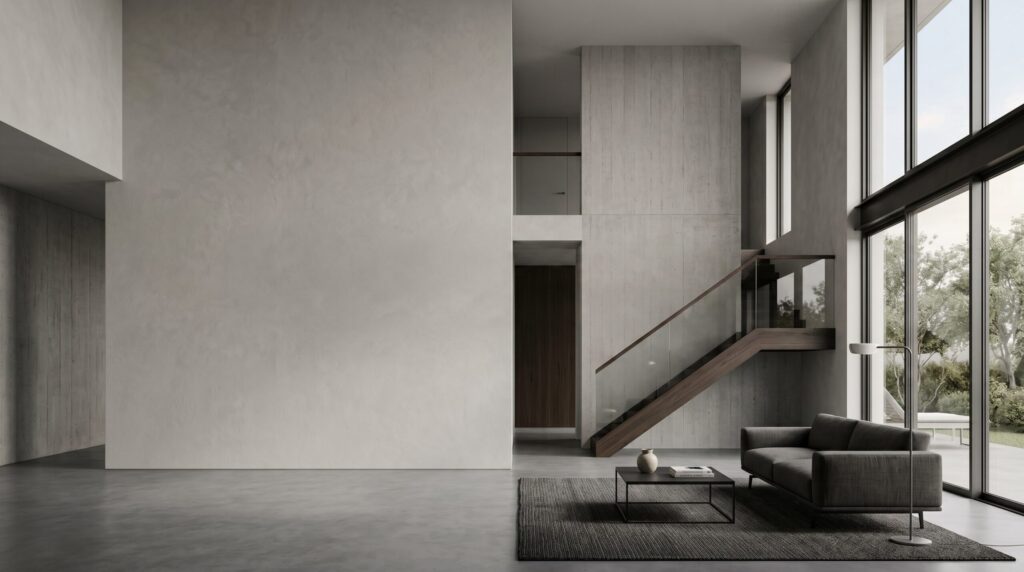 Séjour à double hauteur avec canapé gris, escalier et grandes baies vitrées