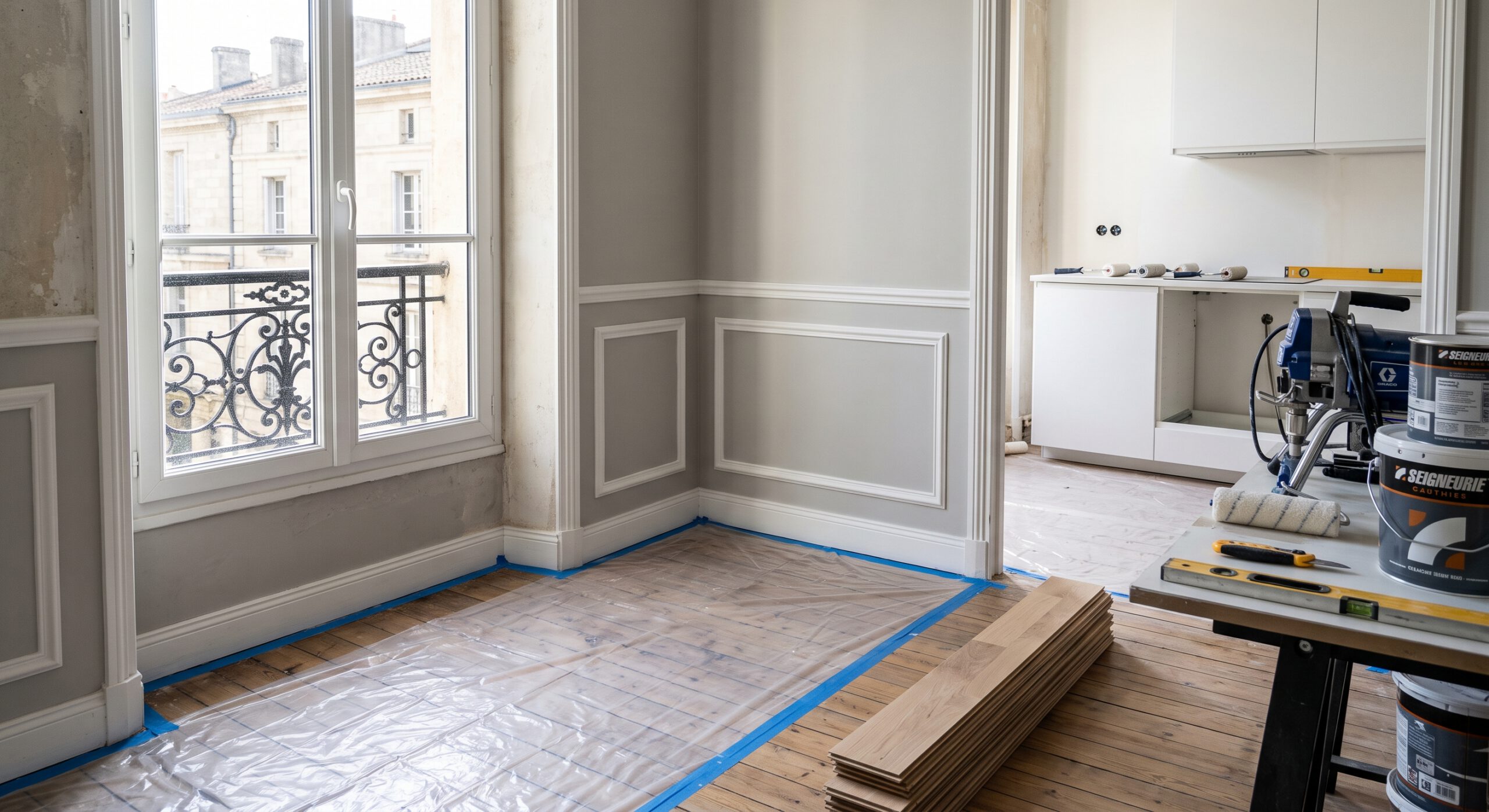 Appartement en rénovation avec moulures, sols protégés et lames de parquet