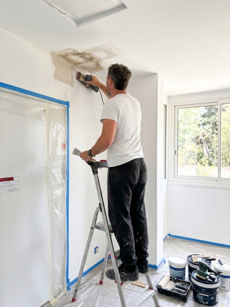 Artisan sur un escabeau reprenant une zone tachée au plafond