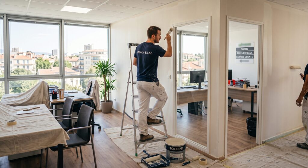 Artisan sur un escabeau peignant autour d’une cloison vitrée dans un bureau