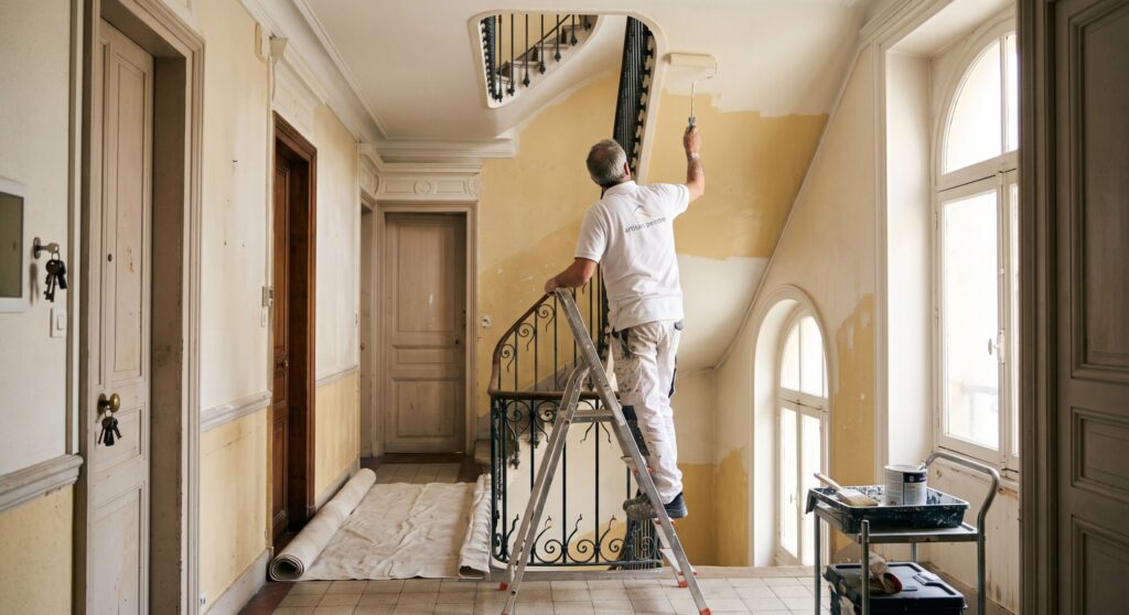 Artisan sur un escabeau peignant un mur dans une cage d’escalier