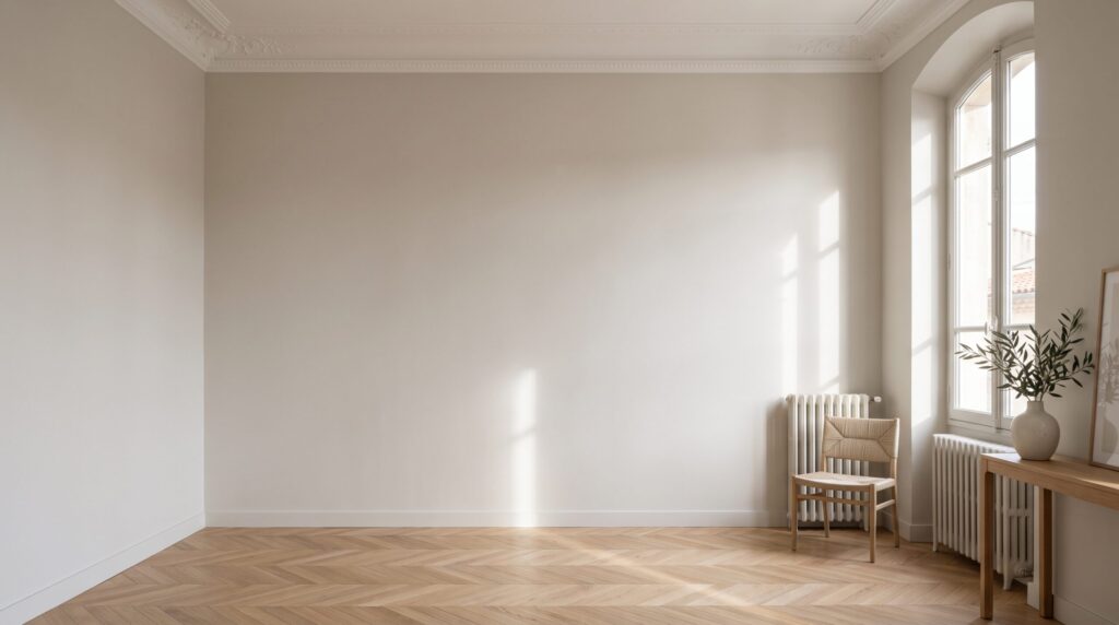 Pièce claire avec parquet, moulures au plafond et grandes fenêtres