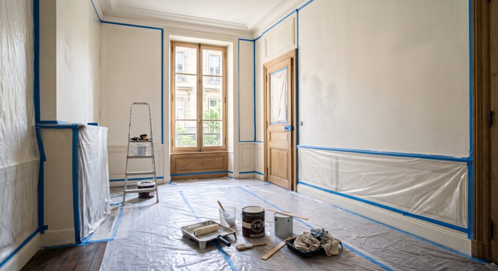 Pièce avec moulures, protections et matériel pour les travaux de peinture