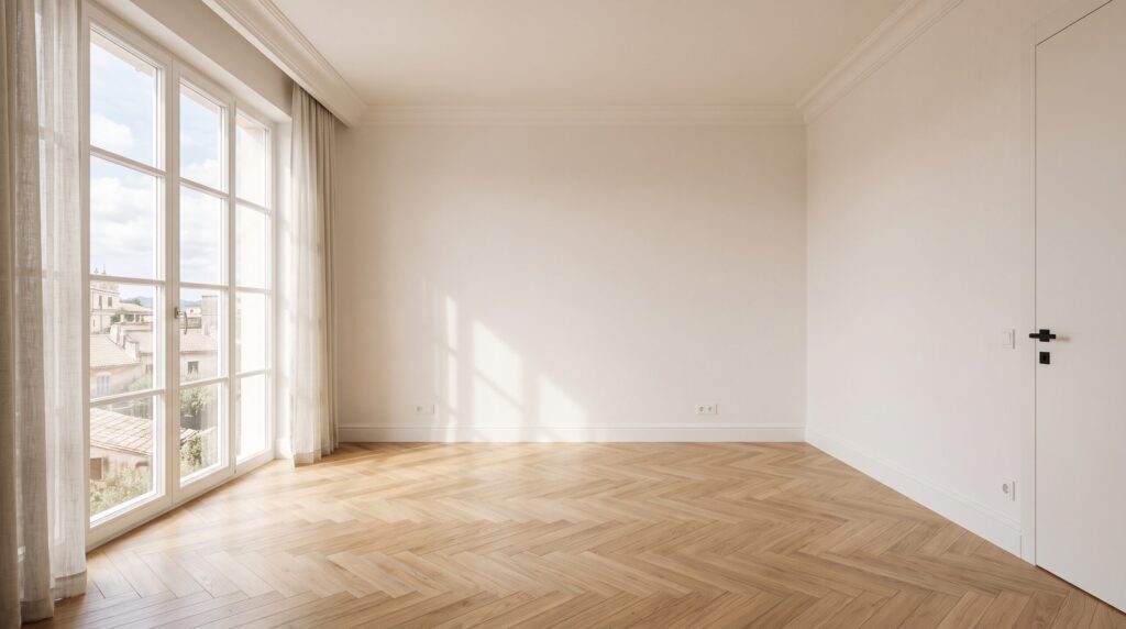 Pièce vide aux murs clairs avec parquet et grandes fenêtres