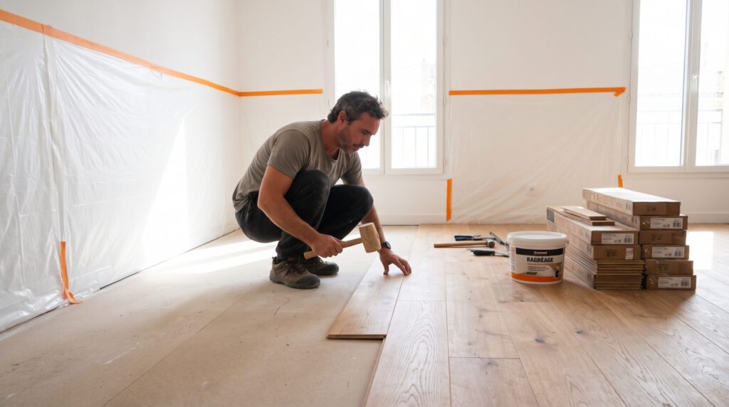 Artisan posant des lames de parquet dans une pièce aux murs protégés
