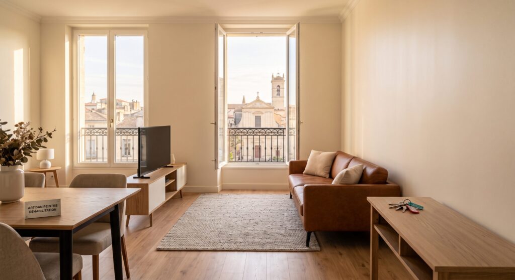 Séjour aux murs clairs avec canapé et portes-fenêtres donnant sur un balcon