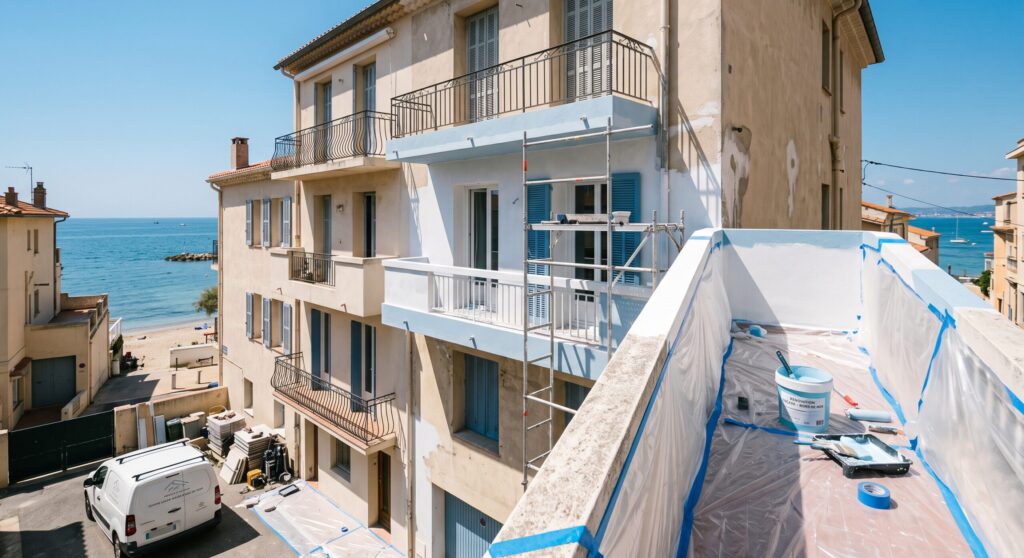 Balcon protégé avec matériel de peinture devant une façade et vue sur la mer