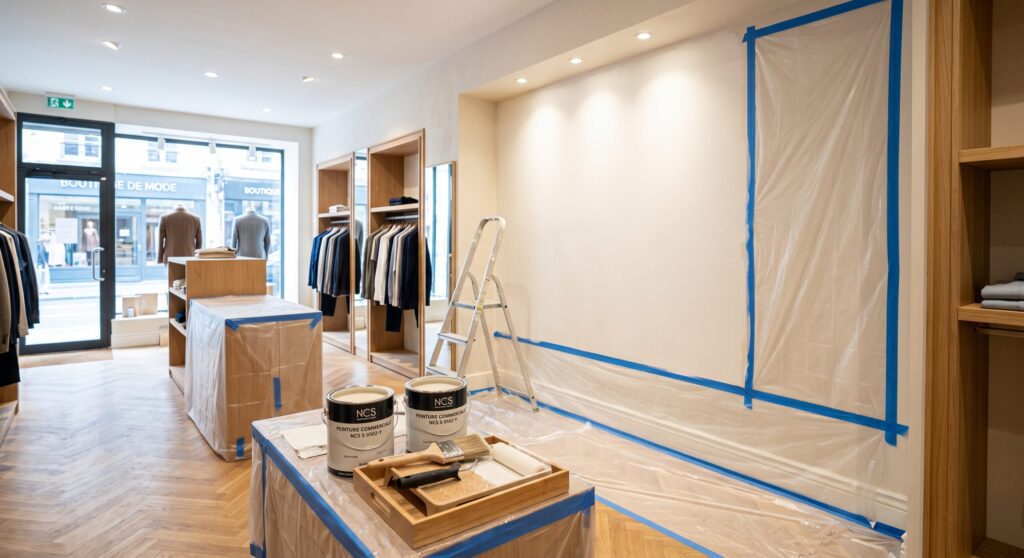 Boutique de vêtements avec mobilier protégé, escabeau et matériel de peinture devant un mur clair