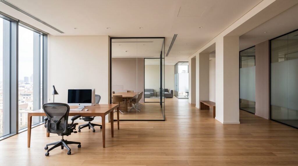 Bureaux aménagés aux murs clairs, cloisons vitrées et sol en bois