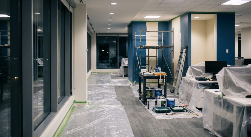 Bureaux aux murs bleus éclairés en soirée, avec échafaudage et mobilier protégé