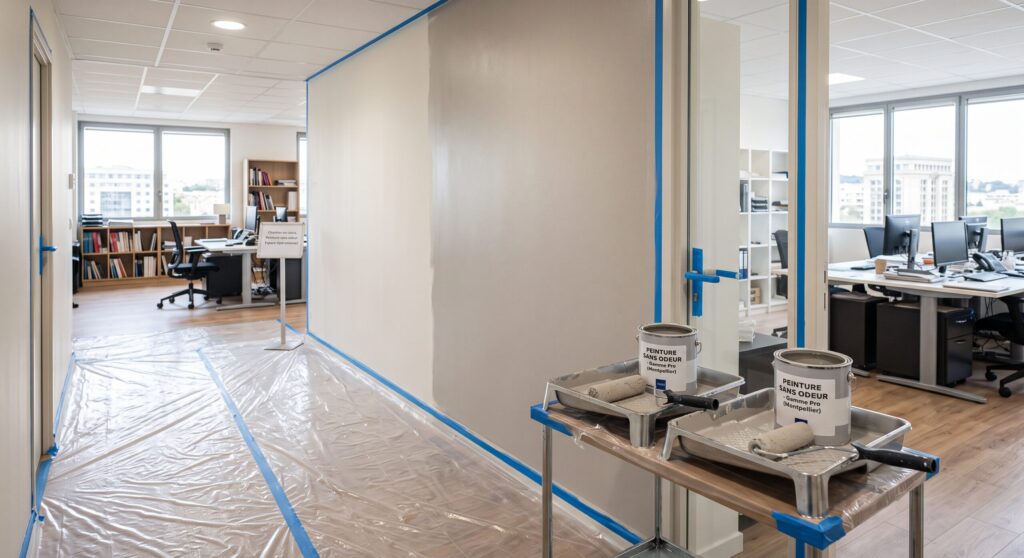 Cloison claire dans des bureaux, avec pots, rouleaux et sol protégé