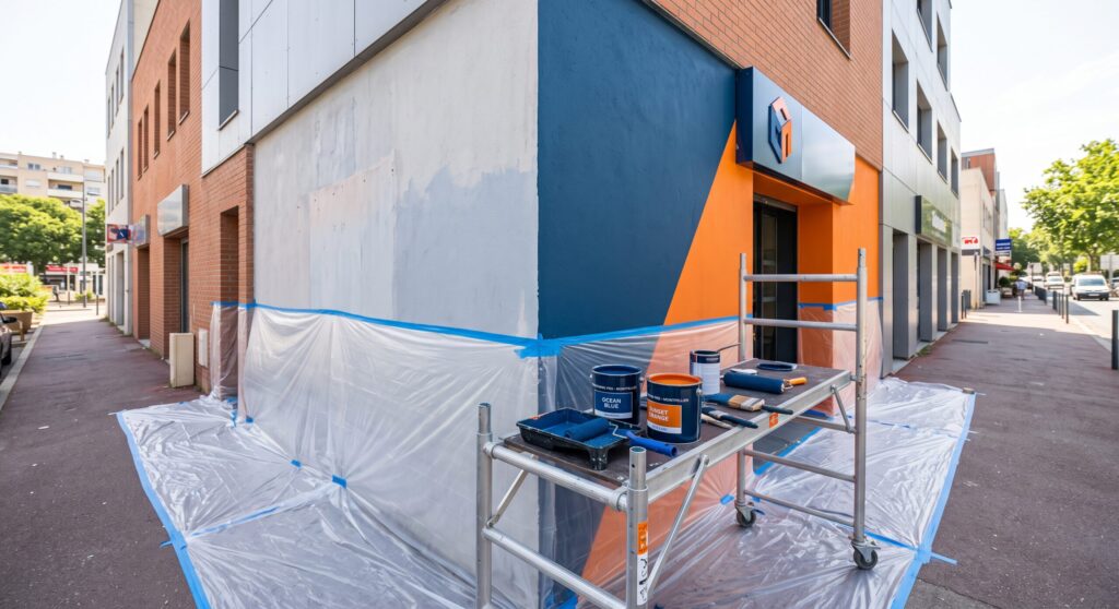 Devanture en cours de peinture bleue et orange, avec échafaudage et trottoir protégé
