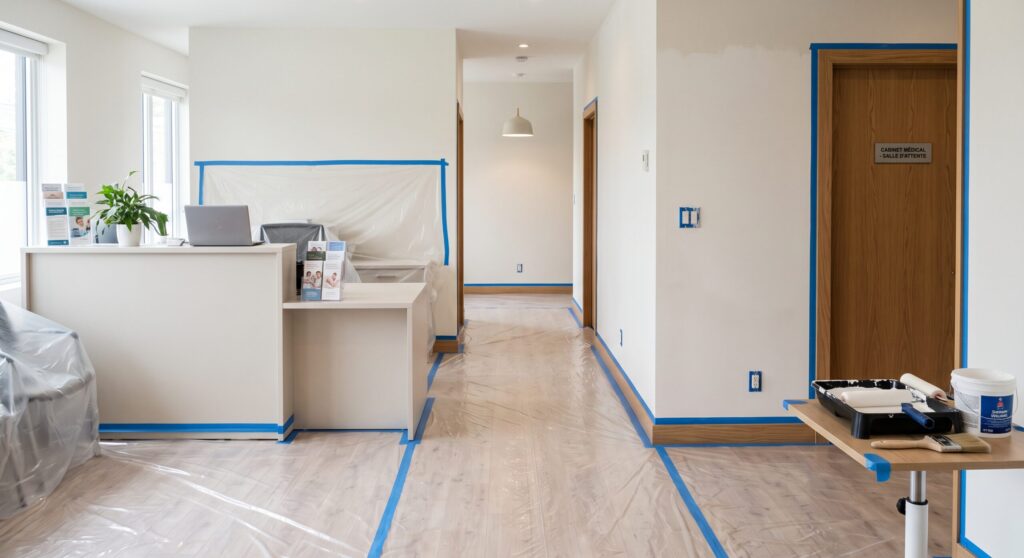 Espace d’accueil aux murs clairs avec comptoir, mobilier protégé et outils de peinture