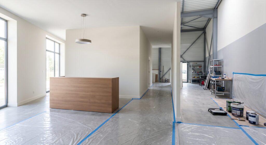 Hall avec comptoir en bois, espace d’activité en arrière-plan et protections de peinture