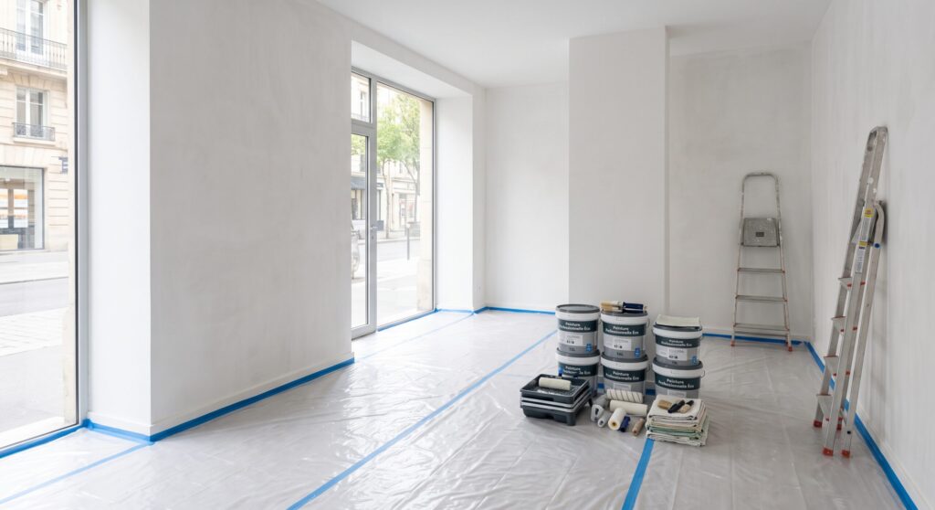 Local vide avec grandes vitrines, pots de peinture, escabeau et protections