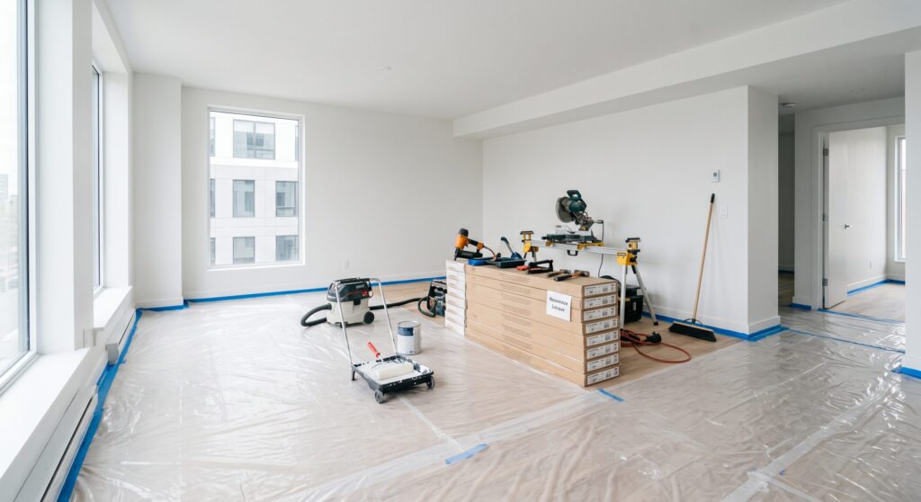 Locaux vides aux murs clairs avec outils, paquets de lames et sol protégé