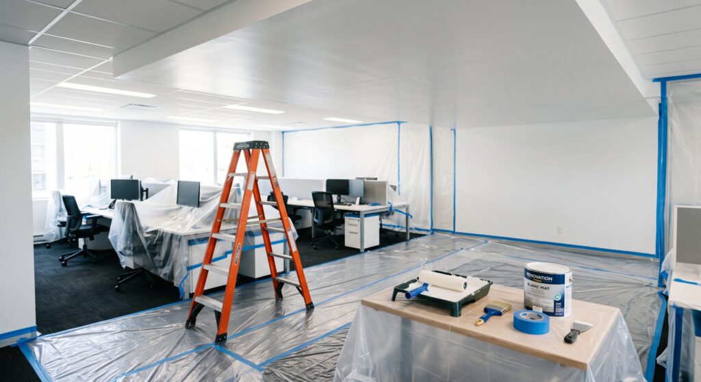 Espace de bureaux avec escabeau, postes protégés et matériel sous un plafond blanc