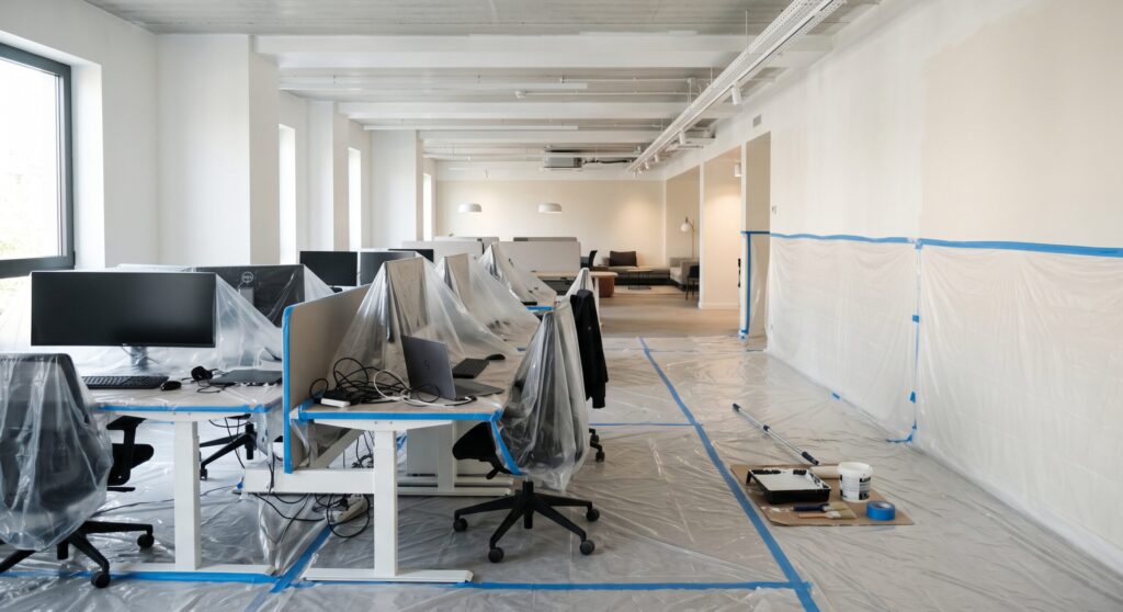 Espace de bureaux avec écrans et fauteuils protégés, murs préparés et matériel de peinture
