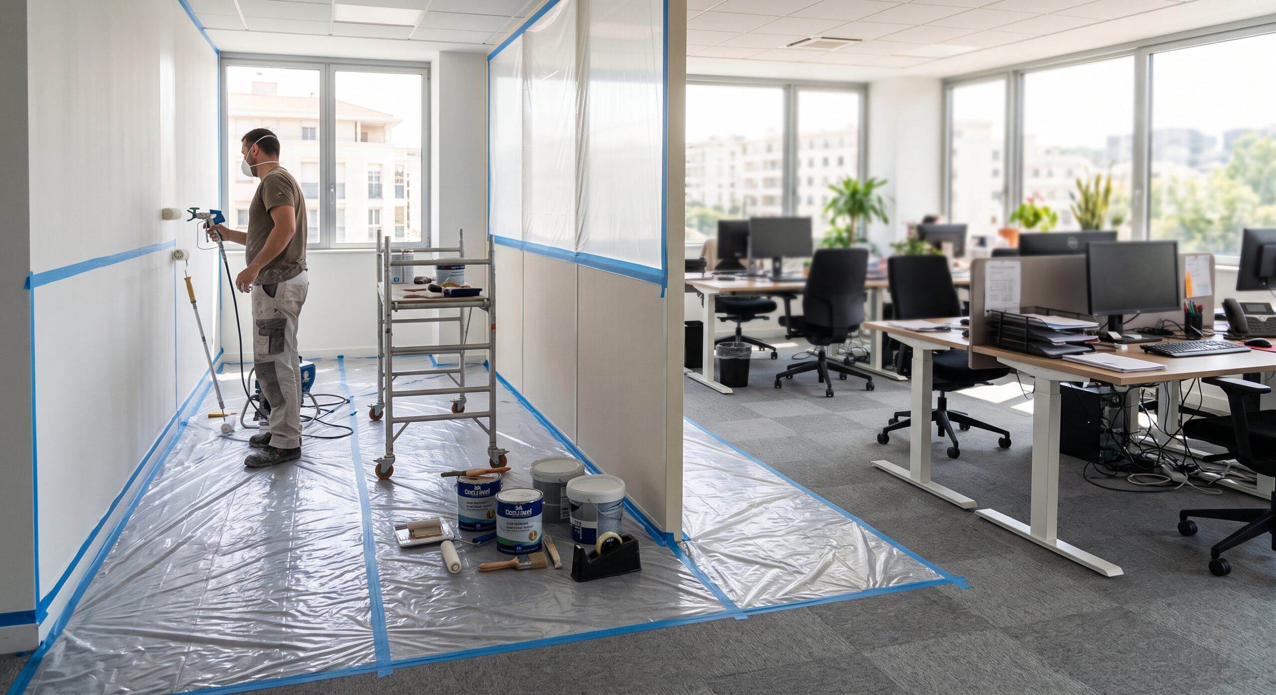 Peintre intervenant sur un mur dans une zone protégée, à côté de postes de bureau
