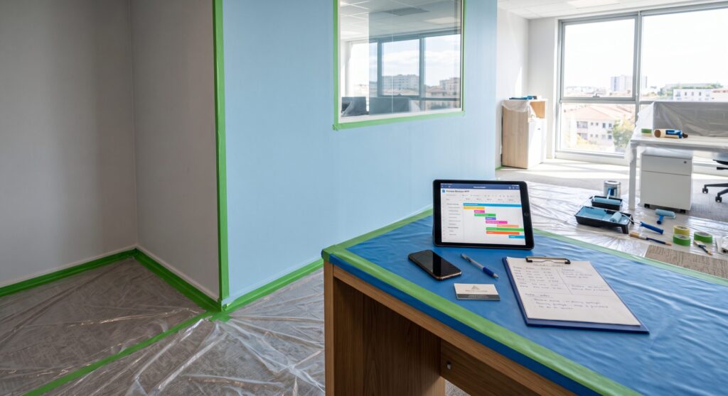Tablette affichant un planning et documents sur un bureau protégé pendant des travaux
