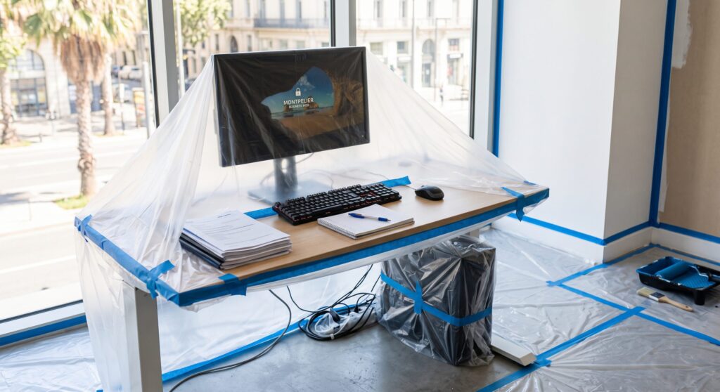 Poste informatique avec écran, clavier et documents sous des protections de peinture