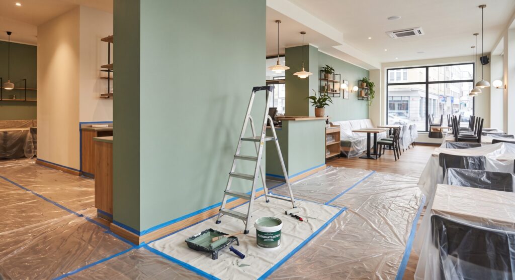 Salle de restaurant avec mur vert, escabeau, tables couvertes et sol protégé Salle de restaurant avec mur vert, escabeau, tables couvertes et sol protégé