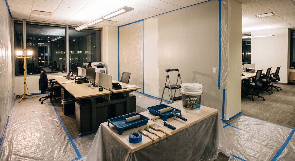 Bureaux éclairés en soirée avec protections, escabeau et matériel de peinture