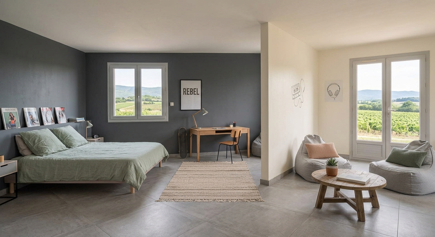 Chambre d’adolescent avec mur gris anthracite et espace détente à Baillargues