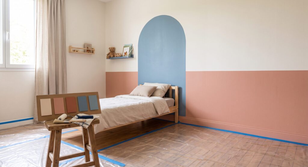 Chambre avec arche bleue derrière le lit, soubassement rose et échantillons de couleurs