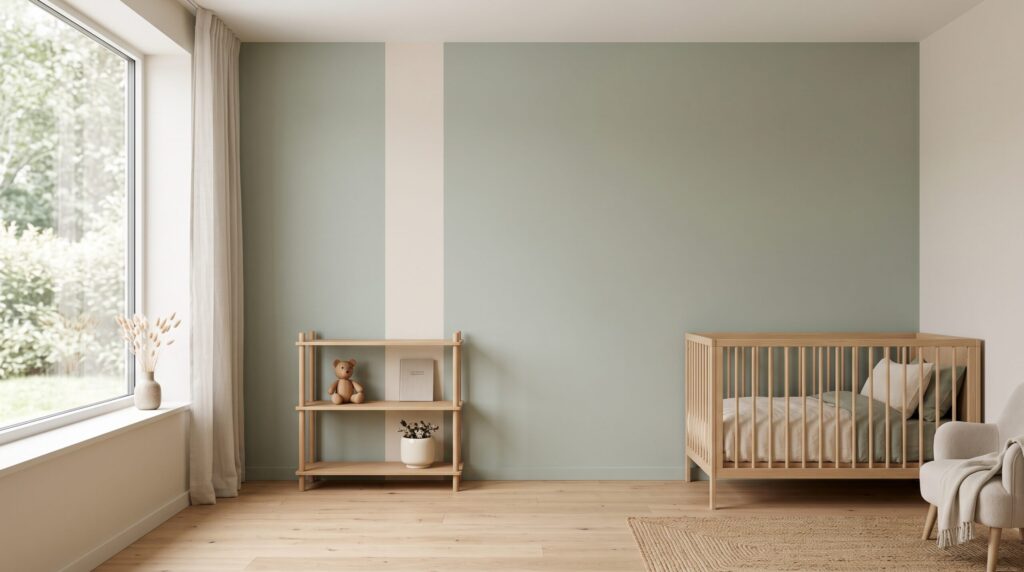 Chambre avec lit à barreaux en bois, mur vert doux, étagère et grande fenêtre