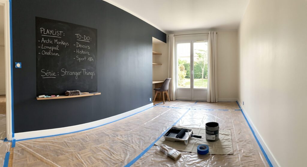 Chambre avec grand mur sombre, tableau à la craie, coin bureau et sol protégé
